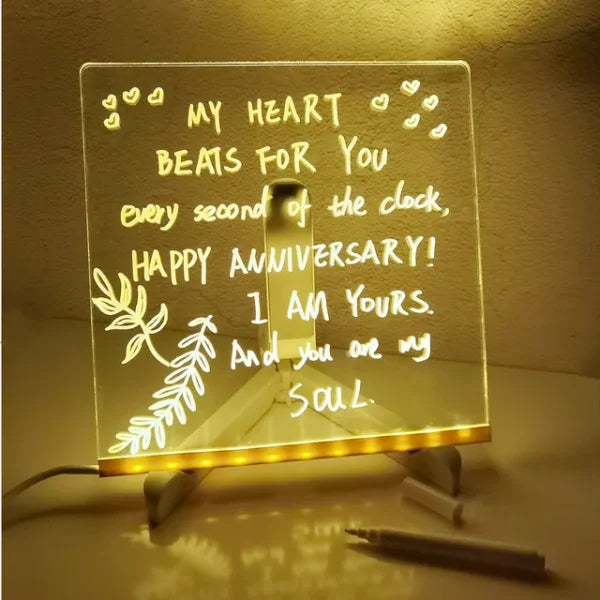 Illuminated acrylic board with LED lights for 3D effect notes and drawings.