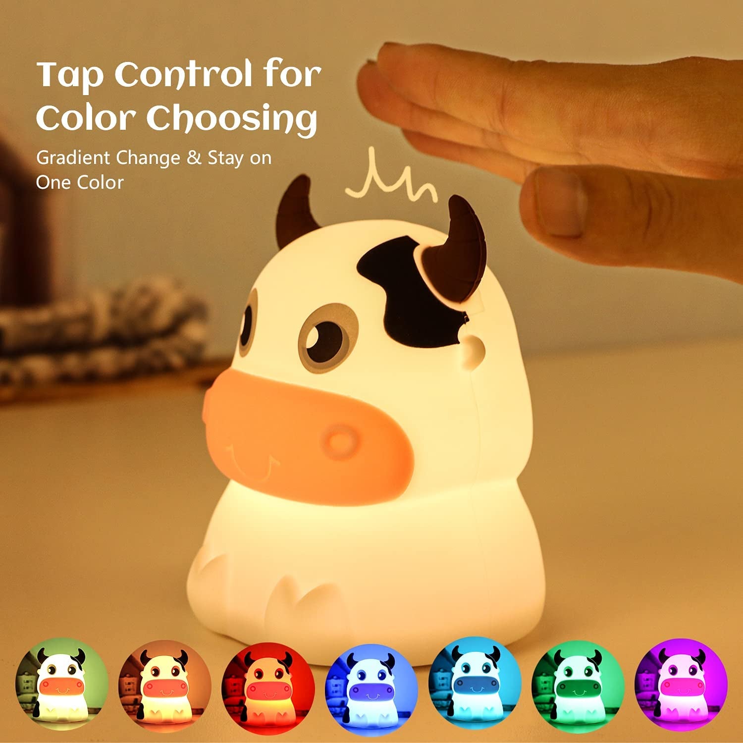 Night Light for Kids, Portable Tap Control Nightlight Lamp, 7 Colors Mode, Silicone Cute Animal Cow LED Nursery Night Lamp Bedroom Decor for Baby Infant or Toddler (Cows-Battery Powered)