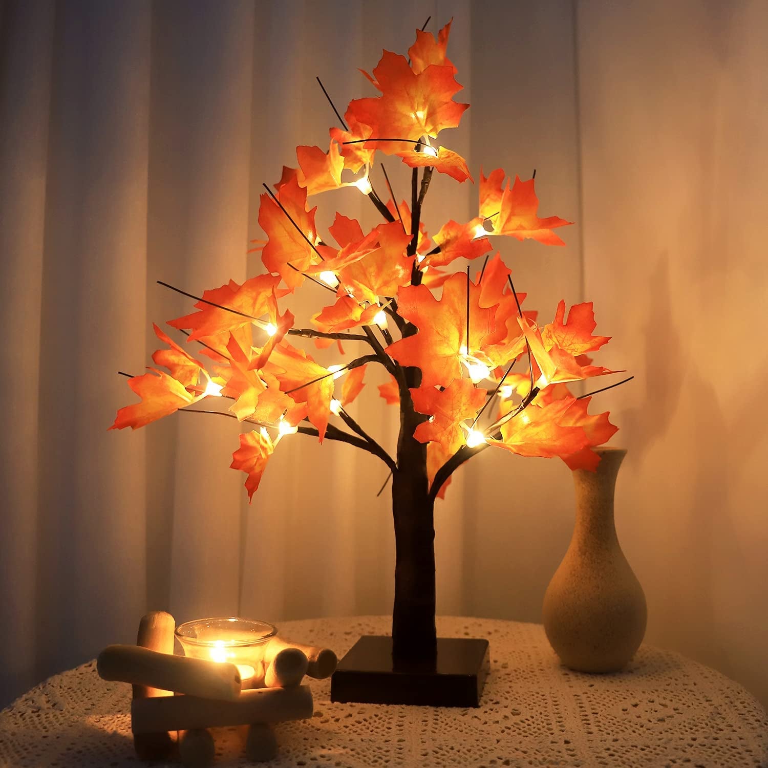 Lighted Maple Tree Thanksgiving Decorations, 24LED Tabletop Tree Lights Artificial Bonsai Tree Lamp Fall Centerpieces for Tables, Autumn Christmas, Halloween, Fall Decor for Home Warm White