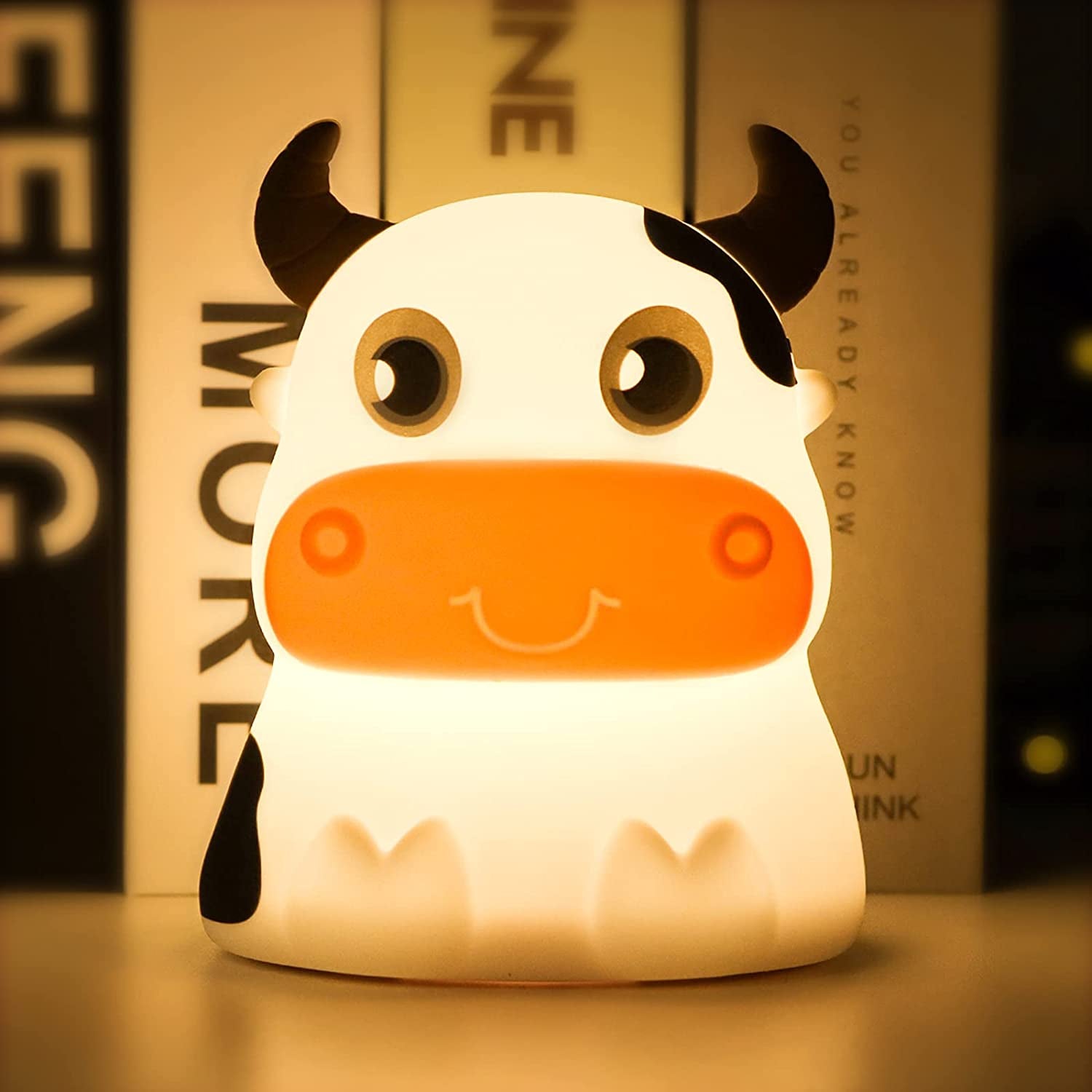 Night Light for Kids, Portable Tap Control Nightlight Lamp, 7 Colors Mode, Silicone Cute Animal Cow LED Nursery Night Lamp Bedroom Decor for Baby Infant or Toddler (Cows-Battery Powered)