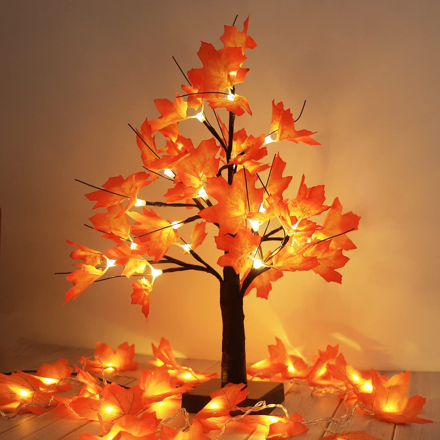 Lighted Maple Tree Thanksgiving Decorations, 24LED Tabletop Tree Lights Artificial Bonsai Tree Lamp Fall Centerpieces for Tables, Autumn Christmas, Halloween, Fall Decor for Home Warm White