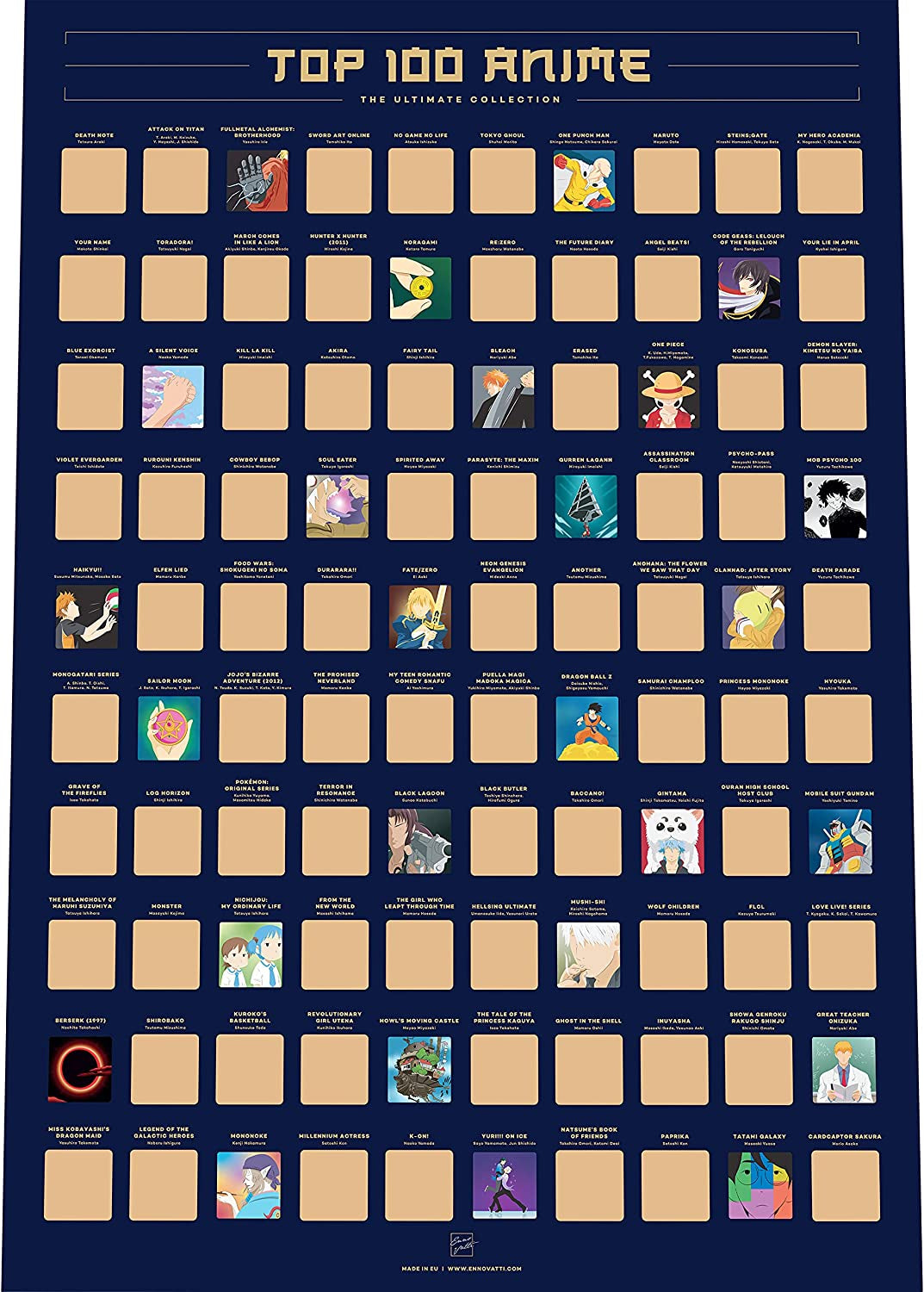 100 Anime Scratch off Poster - Top Animes of All Time (16.5
