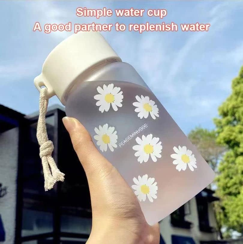 Kids Adults Small Super Cute FROSTED Six Flowers Daisy Lightweight Plastic Water Bottle Tumbler BPA Free Creative Frosted Water Bottle Portable Trendy with Rope Travel