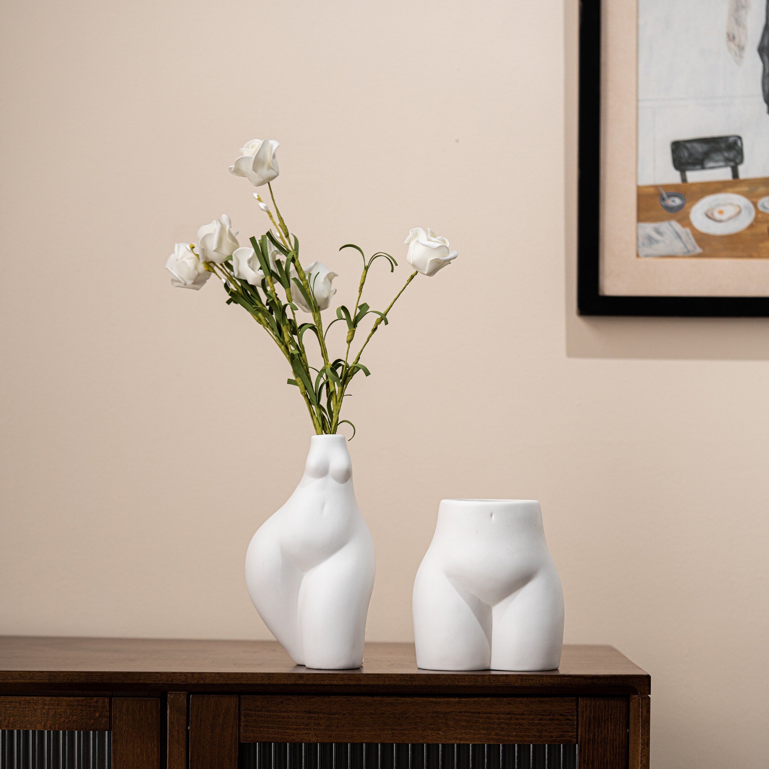 Set 2 Body Vase, Female Form Decor, Boho Flowers, Boho Vase for Minimalist Decor, Small Vase for Eclectic Decor, Vanity Decor, Beige Vase